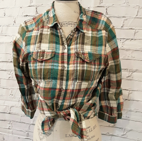 Eddie Bauer Tops - EDDIE BAUER PLAID LINEN SHIRT SZ LRG